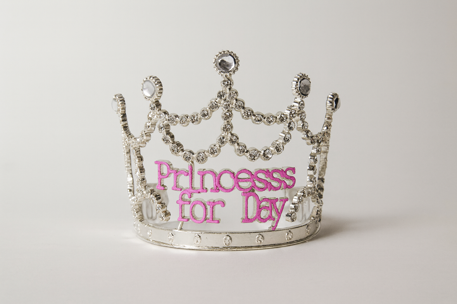 Premium Princess for the Day Silver Rhinestone Tiara with Pink Lettering