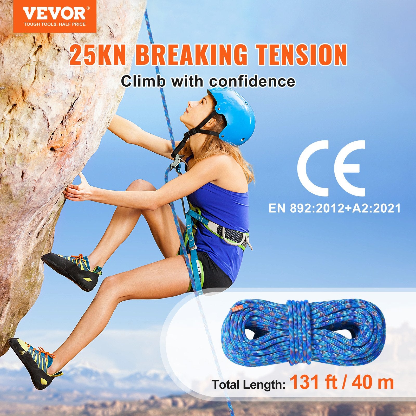 Premium Blue 10.2mm Dynamic Climbing Rope 40m with Steel Snap Hooks