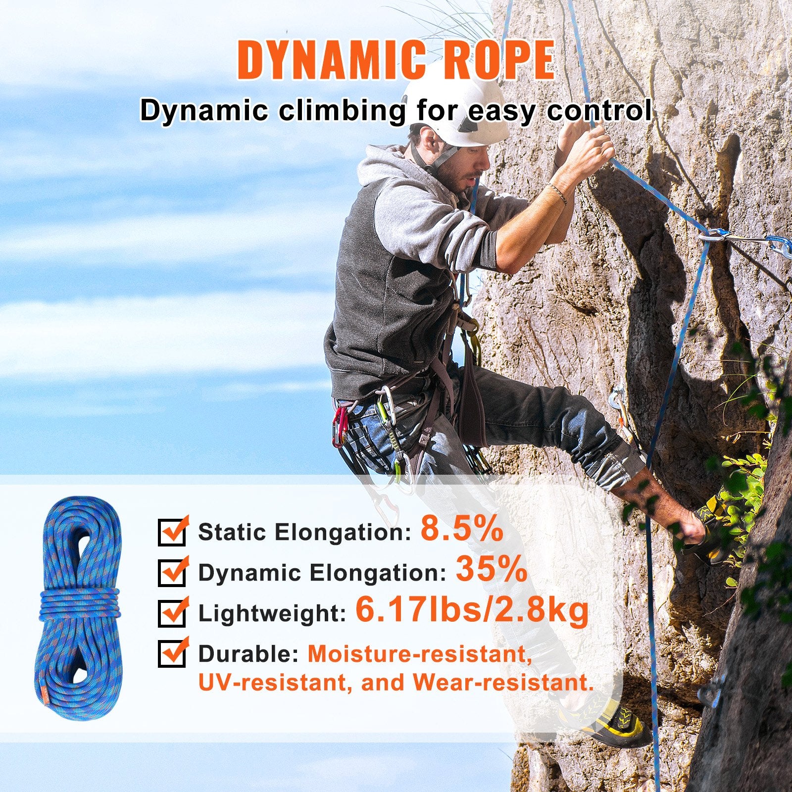 Premium Blue 10.2mm Dynamic Climbing Rope 40m with Steel Snap Hooks