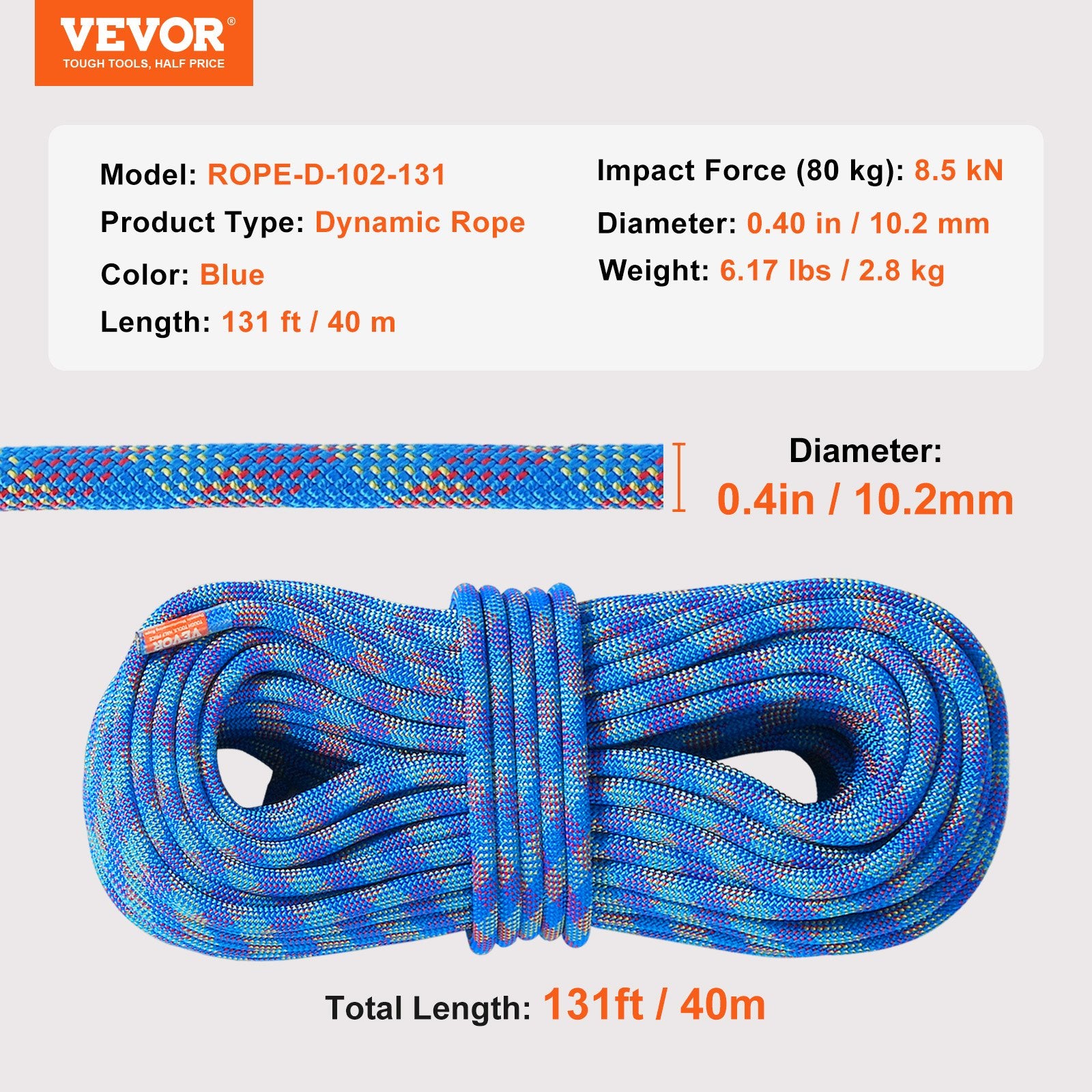 Premium Blue 10.2mm Dynamic Climbing Rope 40m with Steel Snap Hooks
