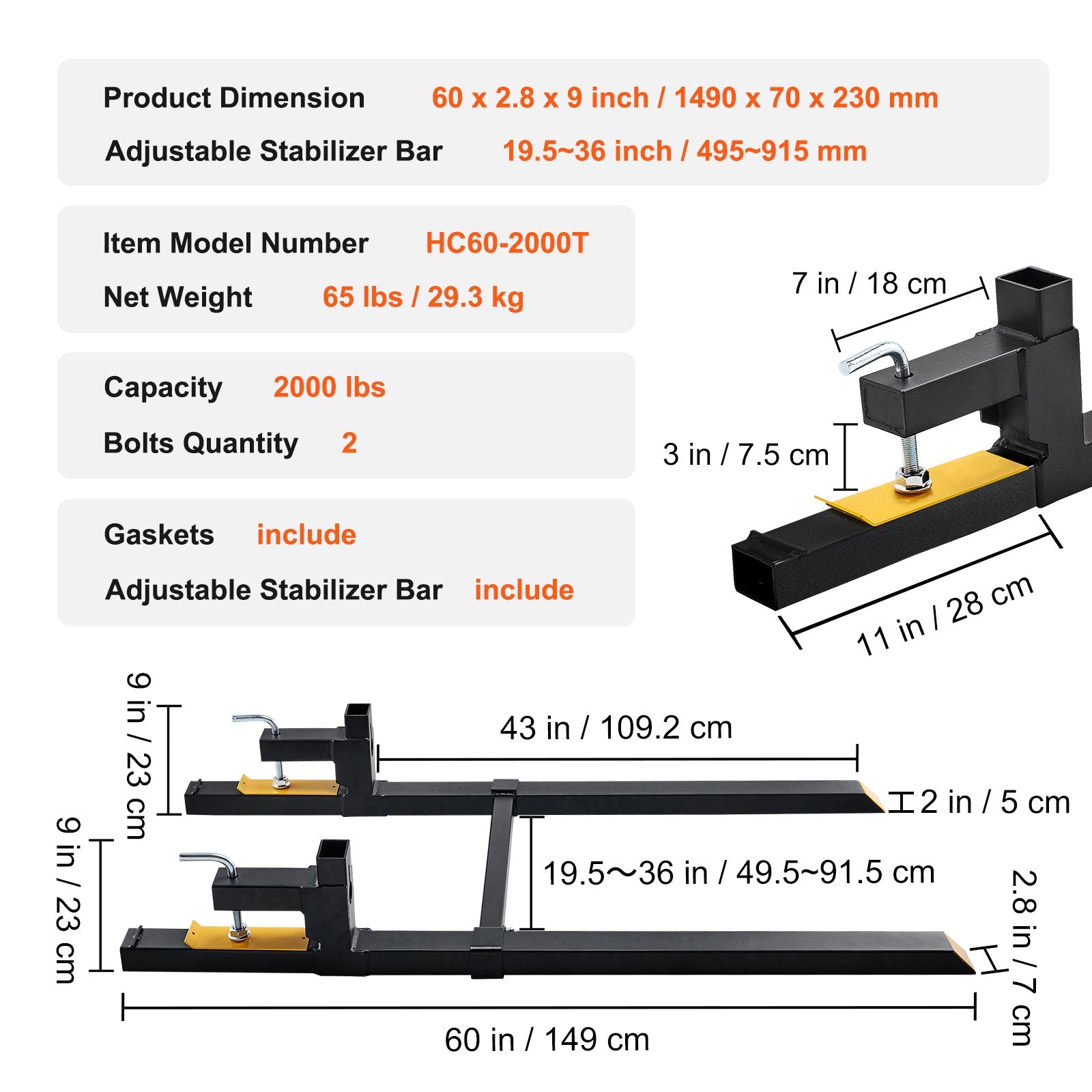 Premium 907kg Clamp On Pallet Forks with Stabilizer Bar 1490mm