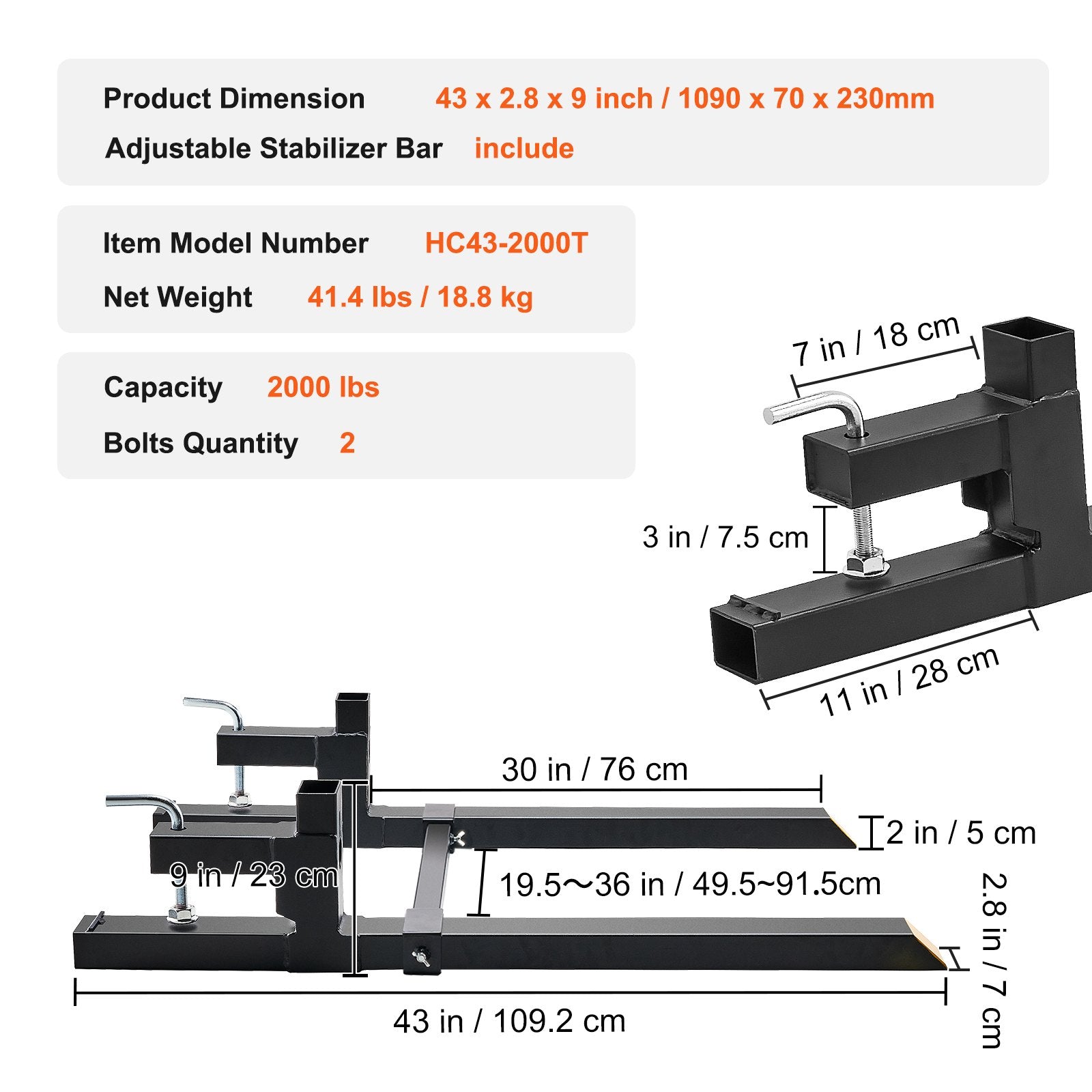 Premium 907kg Clamp On Pallet Forks with Stabilizer Bar 1090mm