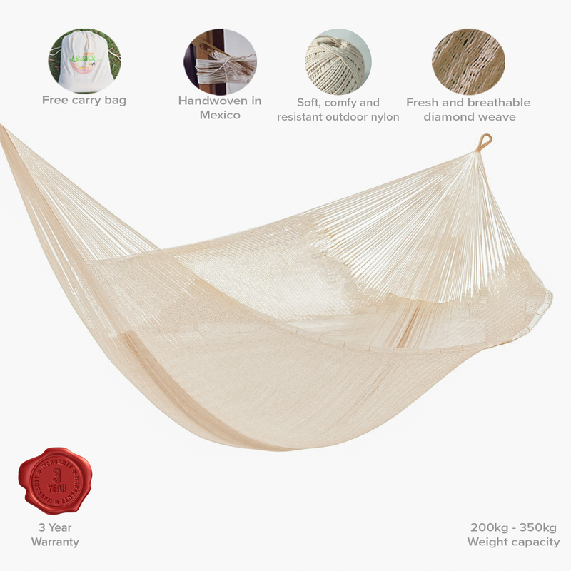 Mayan Legacy Queen Size Super Nylon Hammock - Weather-Resistant, UV-Protected, Cream - SuperSaverAU - view 5