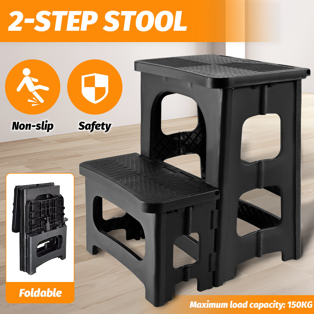 Black Folding 2 Step Stool Non-Slip Collapsible PP Ladder for Home Bathroom Kitchen