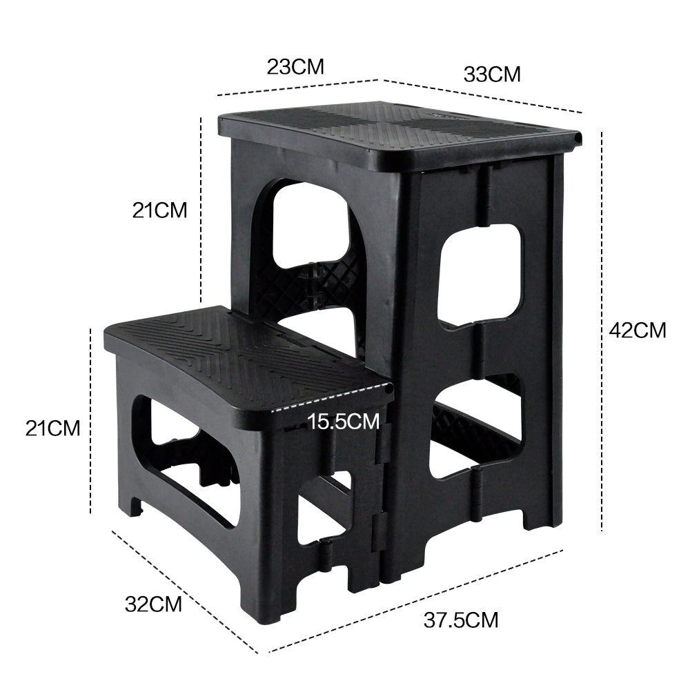 Black Folding 2 Step Stool Non-Slip Collapsible PP Ladder for Home Bathroom Kitchen