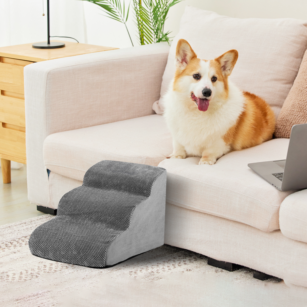 Premium 3-Tier Foam Dog Ramp with Washable Corduroy Cover - Grey