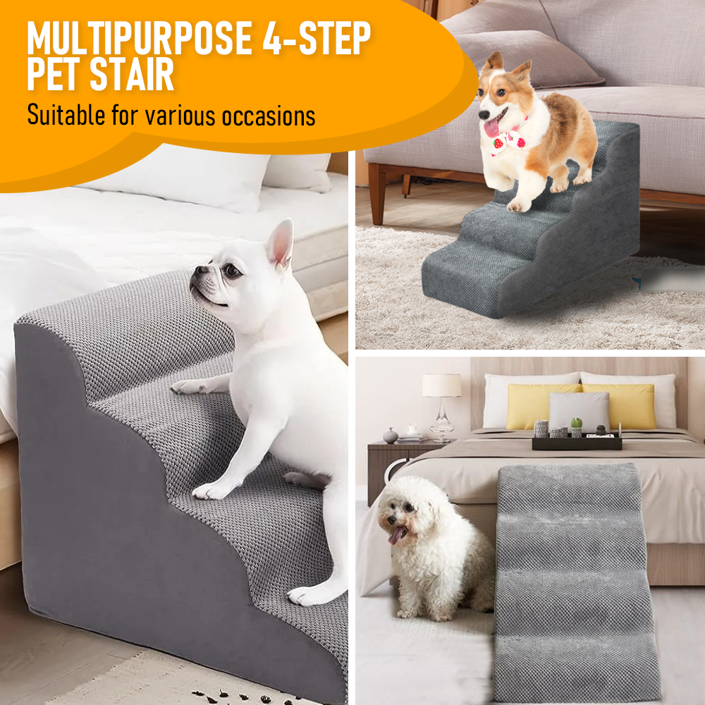 Premium 4-Tier Foam Dog Ramp with Non-Slip Suede Cover - Grey