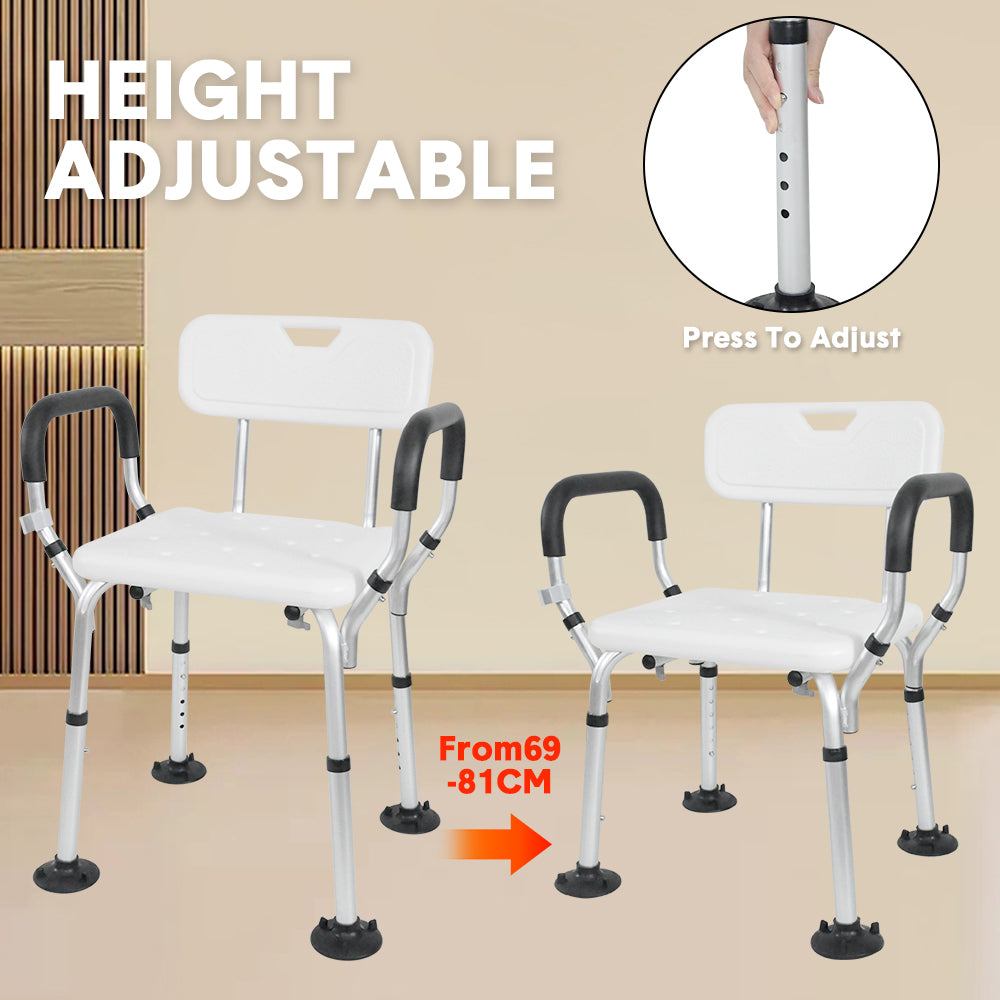 Adjustable Non-Slip Shower Seat with Padded Arms Removable Backrest and Aluminium Frame