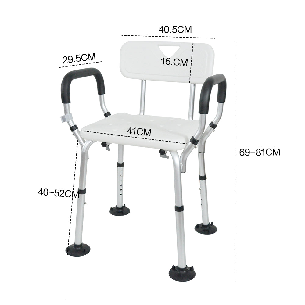 Adjustable Non-Slip Shower Seat with Padded Arms Removable Backrest and Aluminium Frame