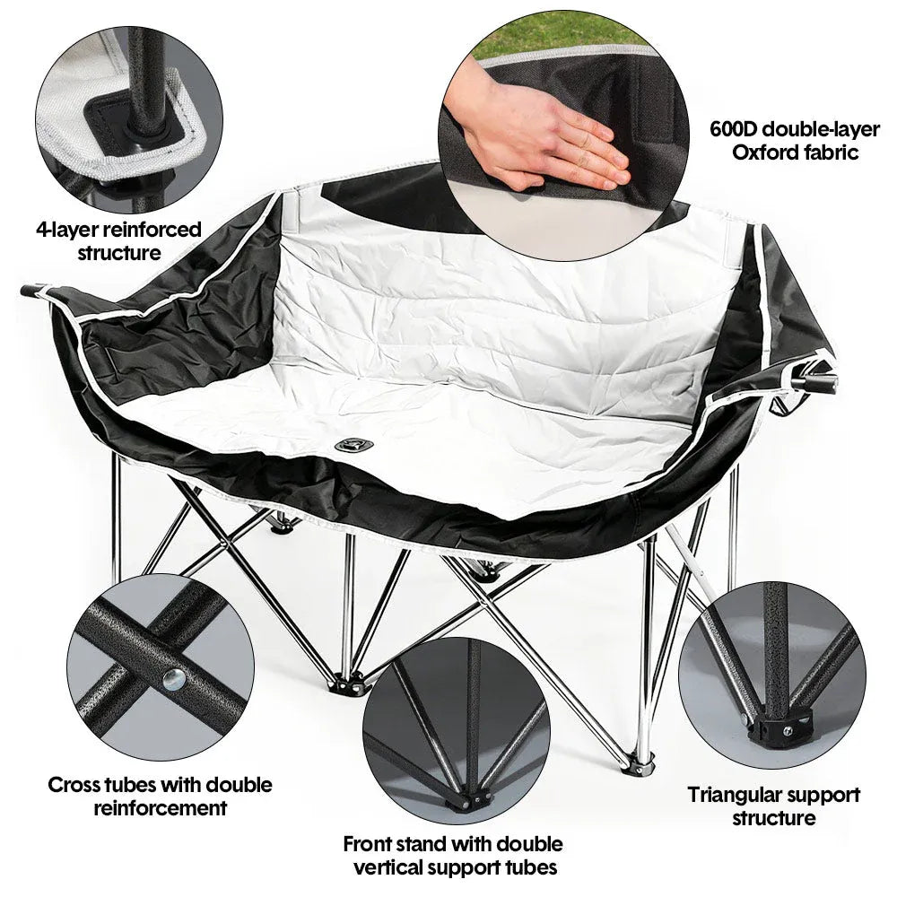 Alston Double Camping Chair Folding Outdoor Couch White with Cup Holders