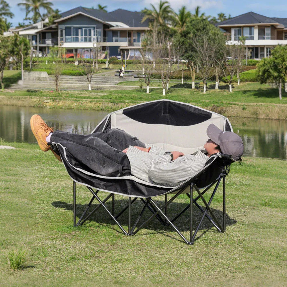 Alston Double Camping Chair Folding Outdoor Couch White with Cup Holders