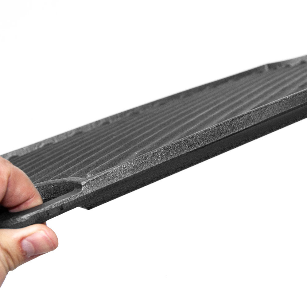 Premium Reversible Cast Iron Griddle – Black 43 x 24cm, Flat & Grooved