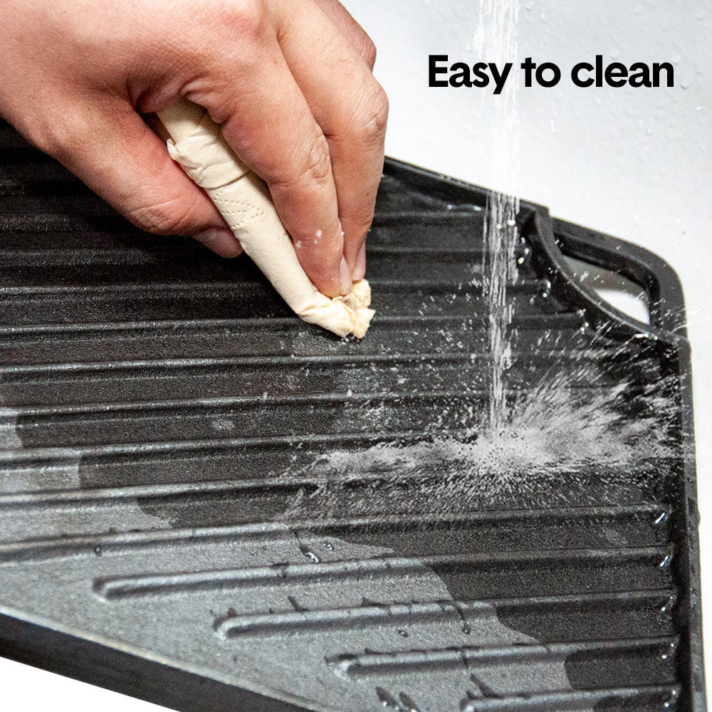 Premium Reversible Cast Iron Griddle – Black 43 x 24cm, Flat & Grooved