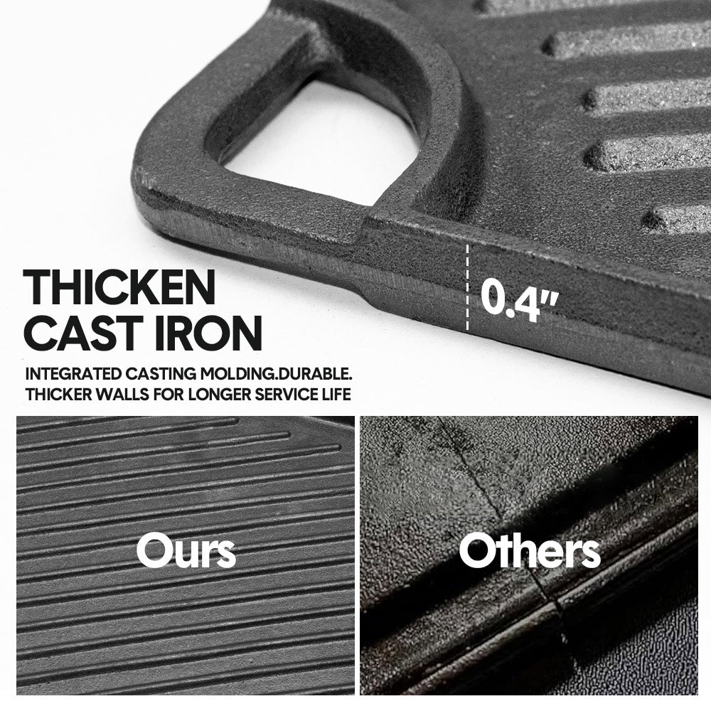 Premium Reversible Cast Iron Griddle – Black 43 x 24cm, Flat & Grooved