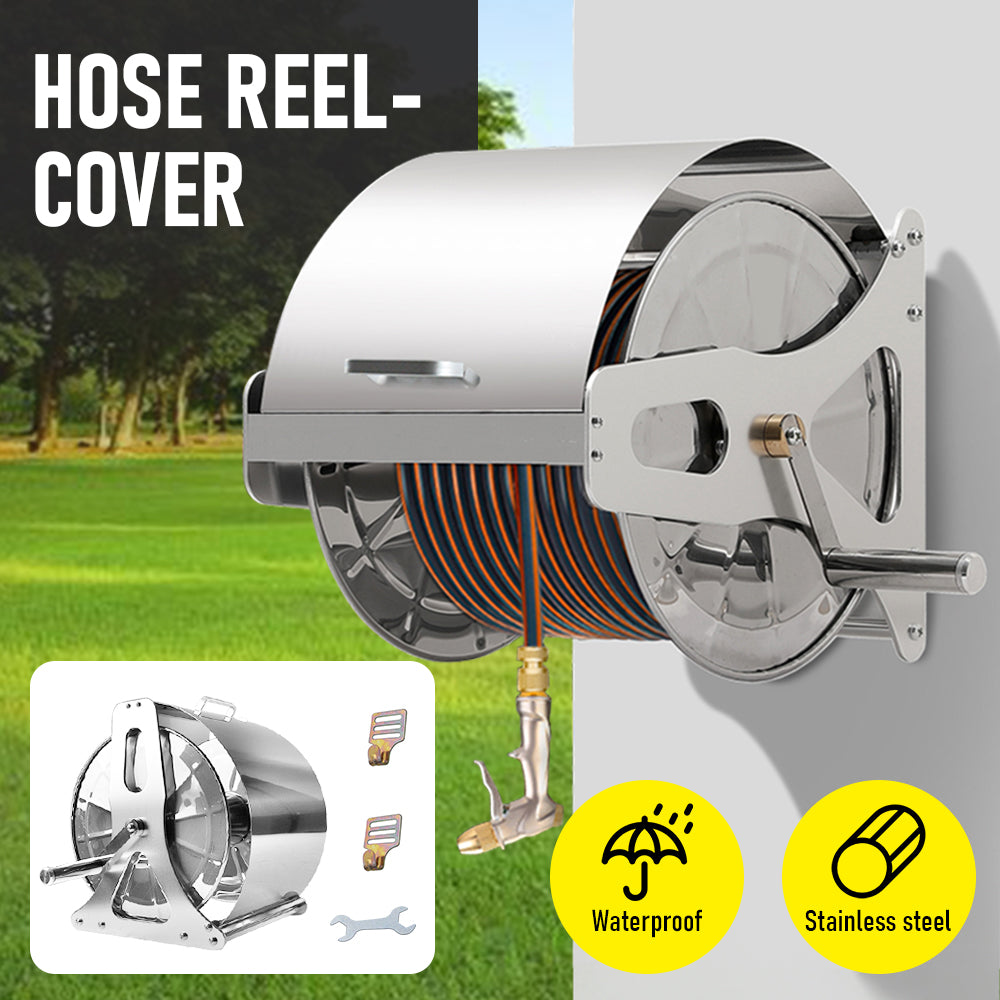 Premium Silver Stainless Steel Garden Hose Reel with Cover & Crank Handle