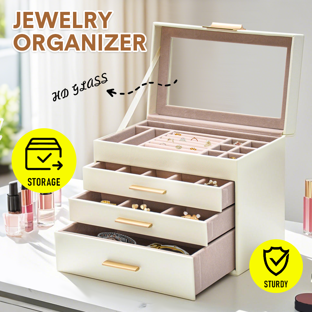 Ivory 4 Layer PU Leather Jewellery Box with Glass Lid Velvet Lining and 3 Drawers