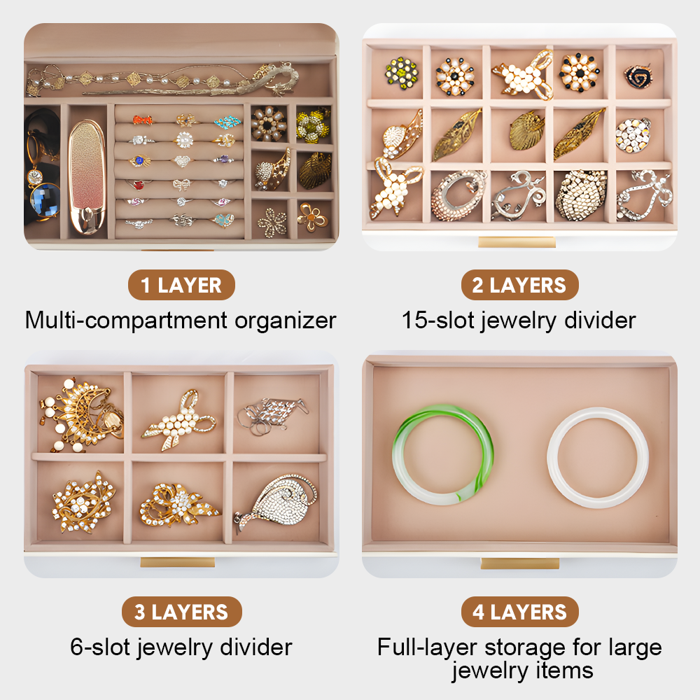 Ivory 4 Layer PU Leather Jewellery Box with Glass Lid Velvet Lining and 3 Drawers