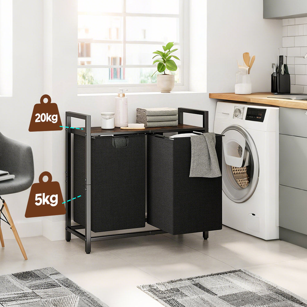 Premium Laundry Hamper – Black/Rustic Brown with MDF Shelf & 2 Pull-Out Bags