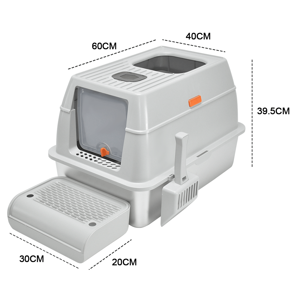 Premium 20L Enclosed Cat Litter Box with Stainless Steel Tray - Light Grey