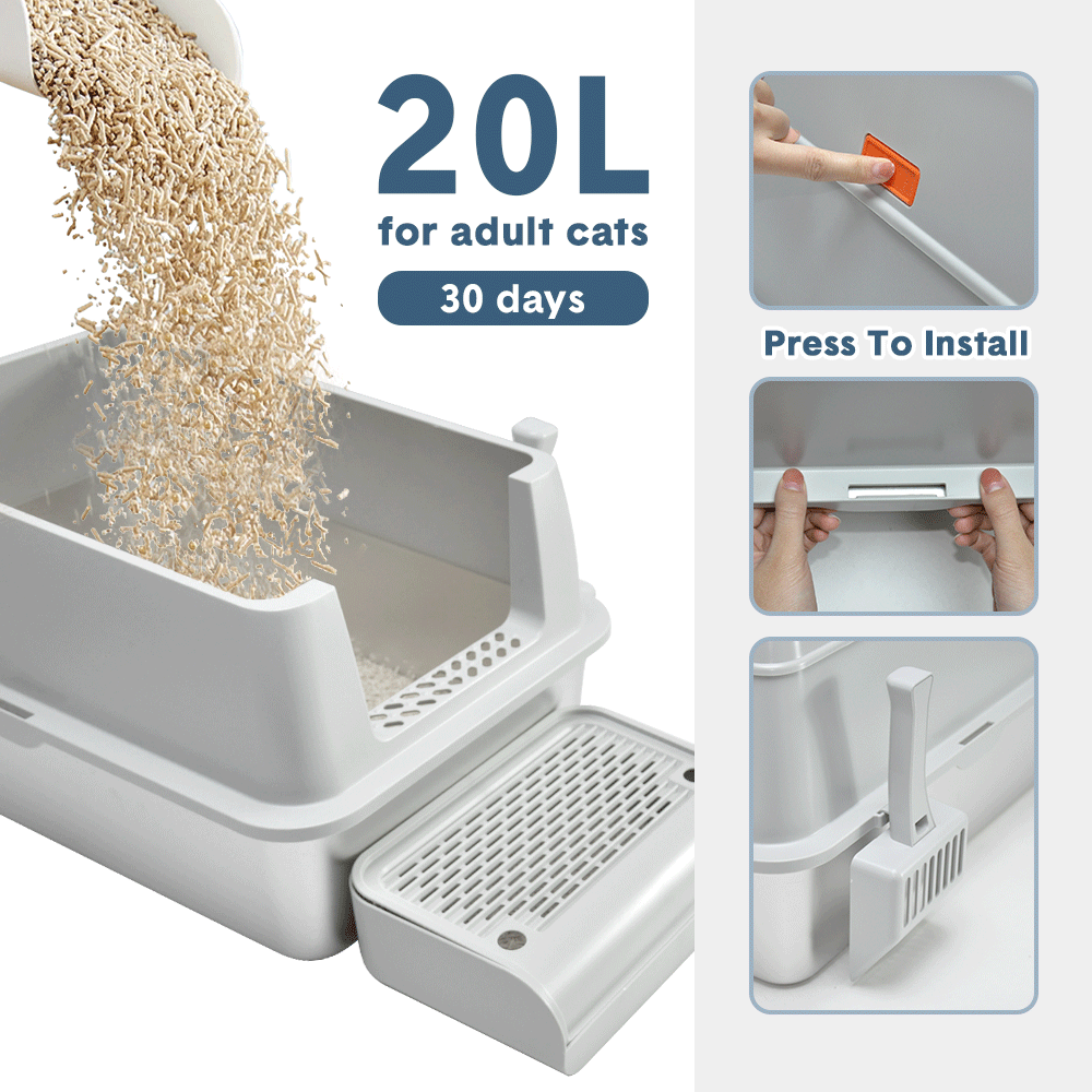 Premium 20L Enclosed Cat Litter Box with Stainless Steel Tray - Light Grey