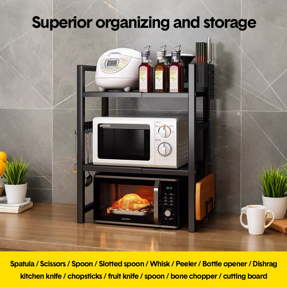 Premium 3-Tier Microwave Stand – Black Adjustable Stainless Steel Shelf