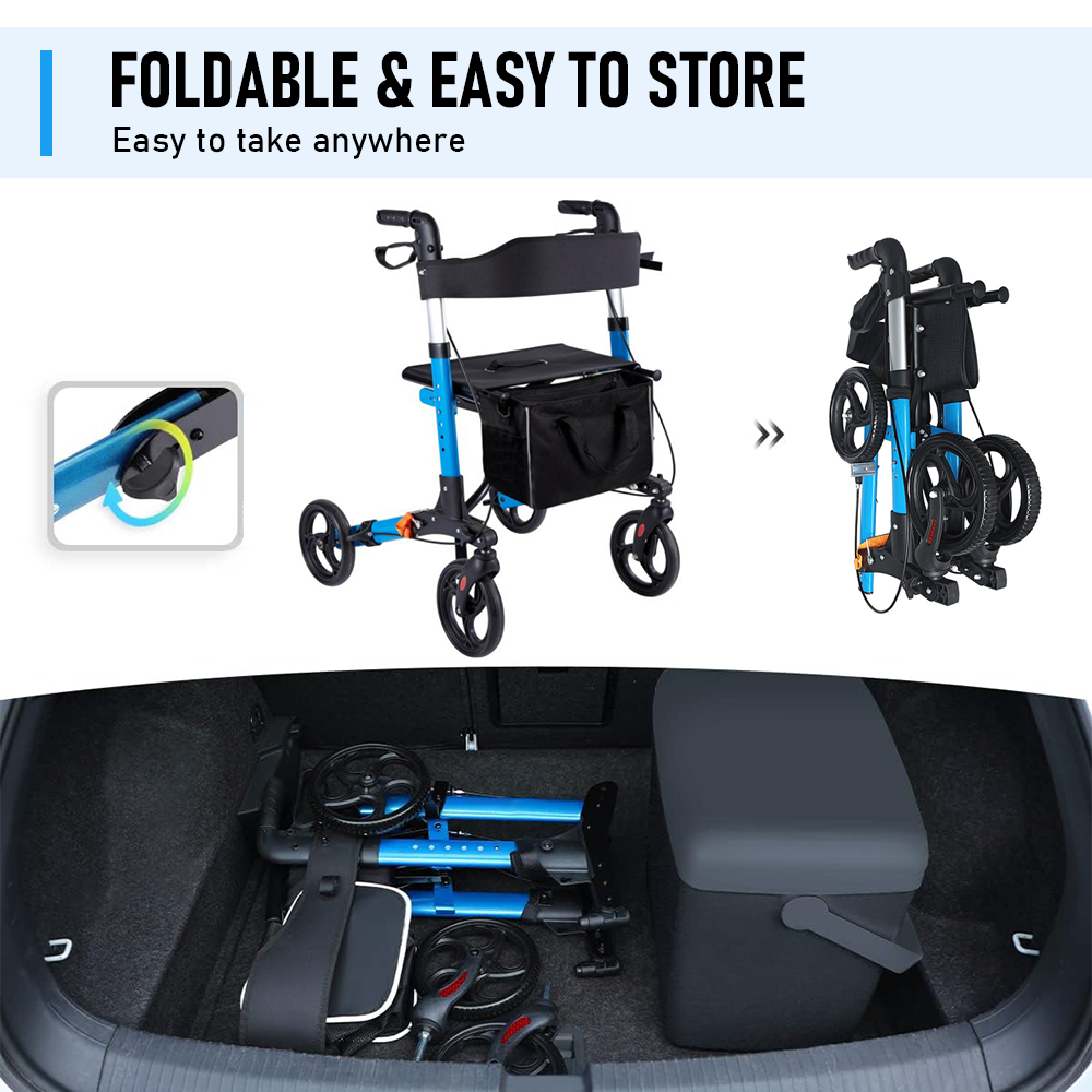 Alston Blue 2-in-1 Foldable Rollator Walker with Seat Brakes and 136kg Capacity