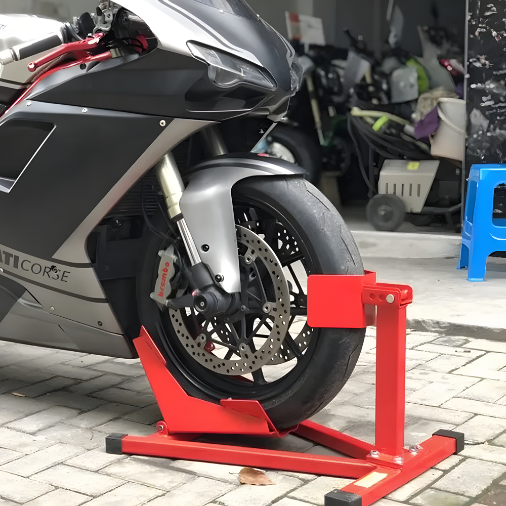 Premium Red Heavy-Duty Motorcycle Front Wheel Chock Stand