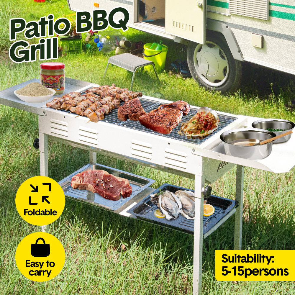 Premium Foldable Charcoal BBQ Grill – Beige with Grill Nets & Enamel Pans
