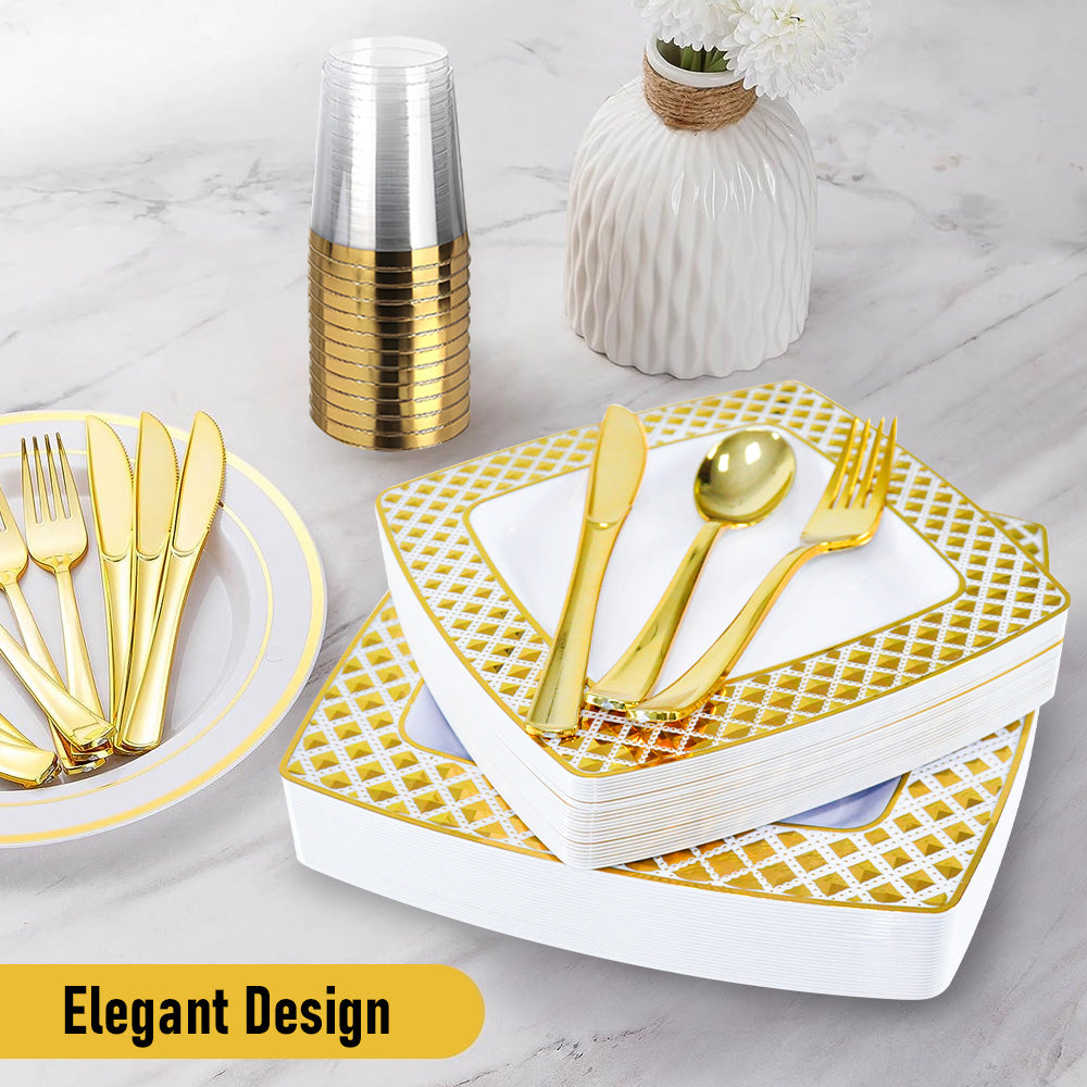 175pcs Gold Trim Square Disposable Wedding Tableware Set Plates Cutlery Napkins