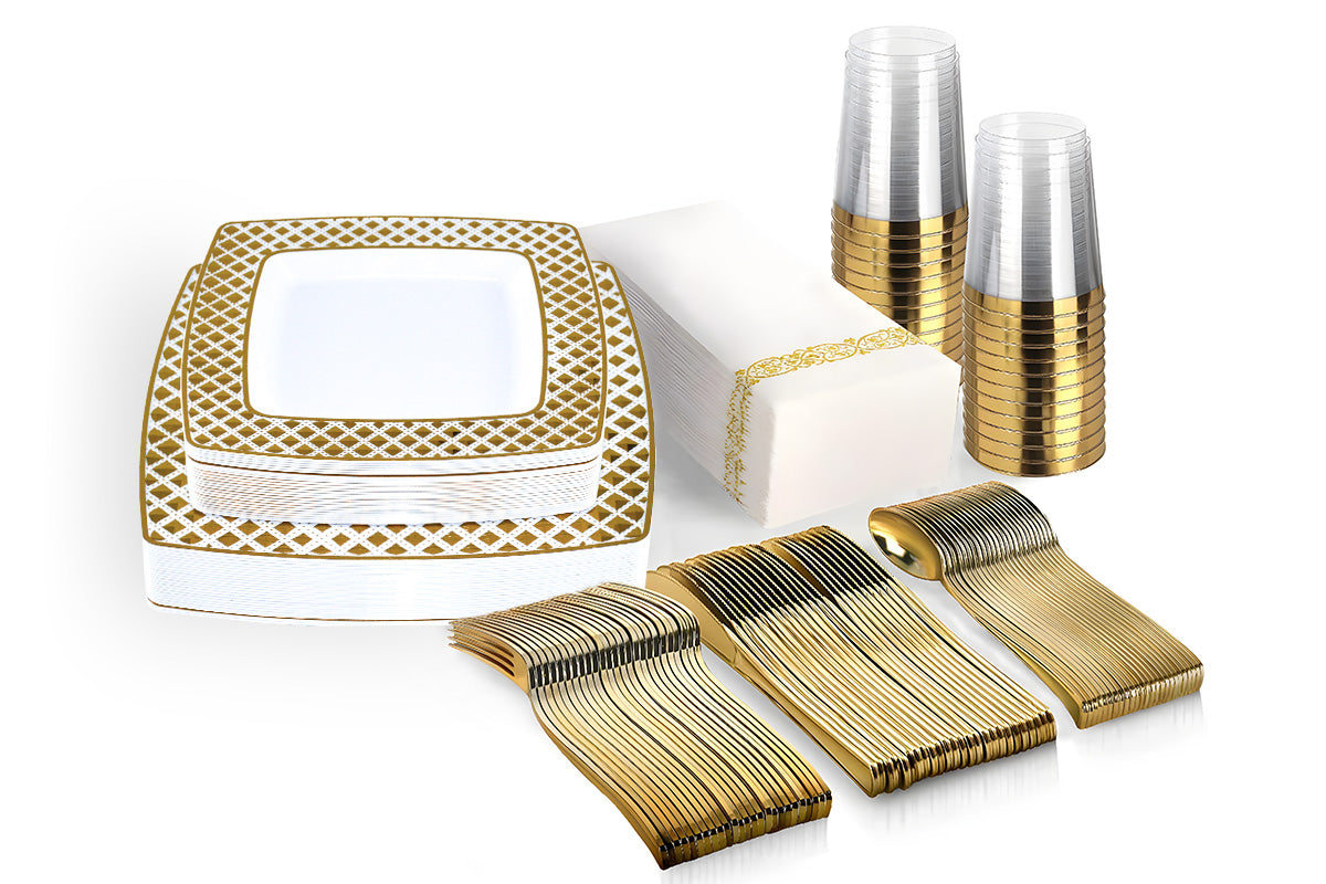 175pcs Gold Trim Square Disposable Wedding Tableware Set Plates Cutlery Napkins