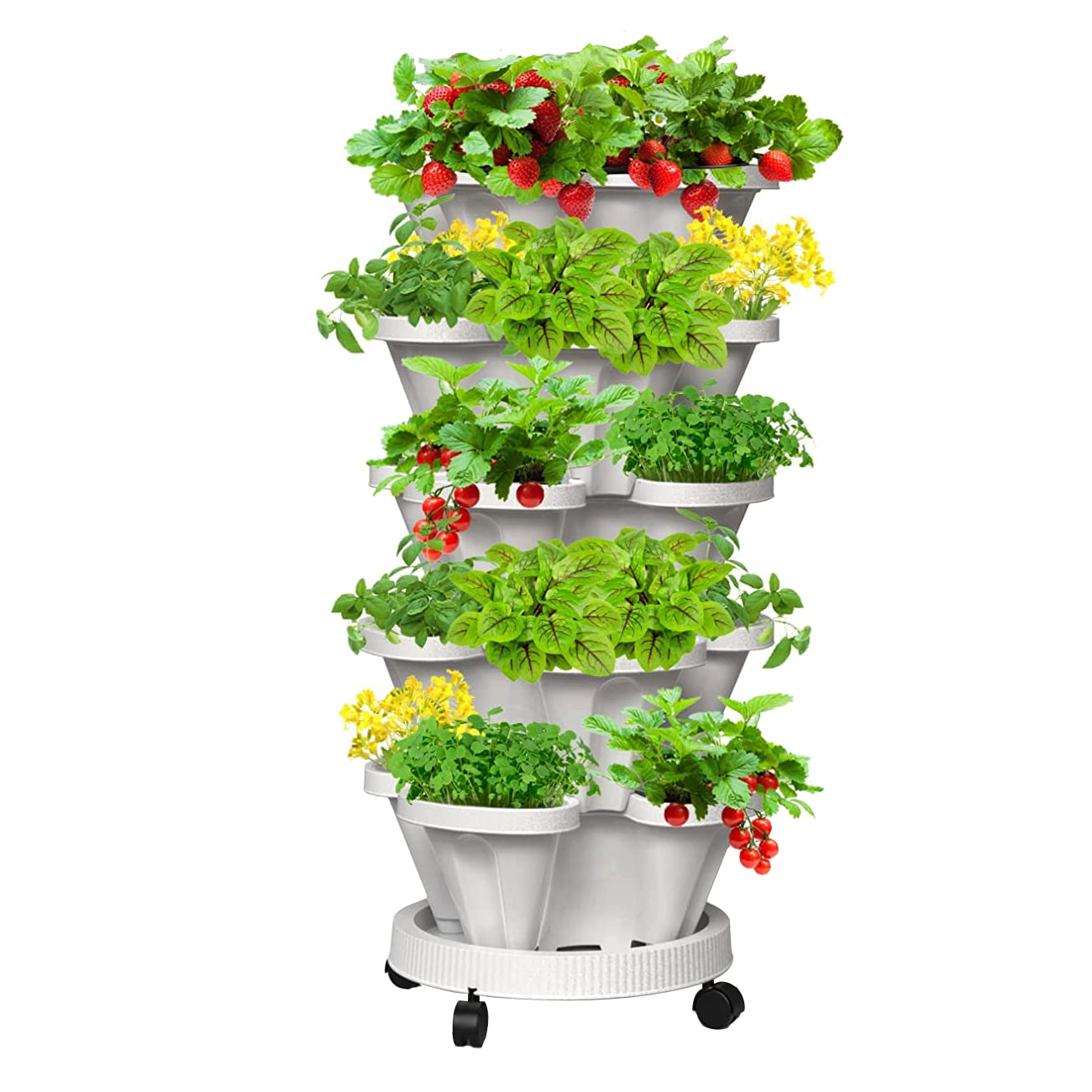 Premium 5-Tier Stackable Planter Pots – White 37cm with Wheels