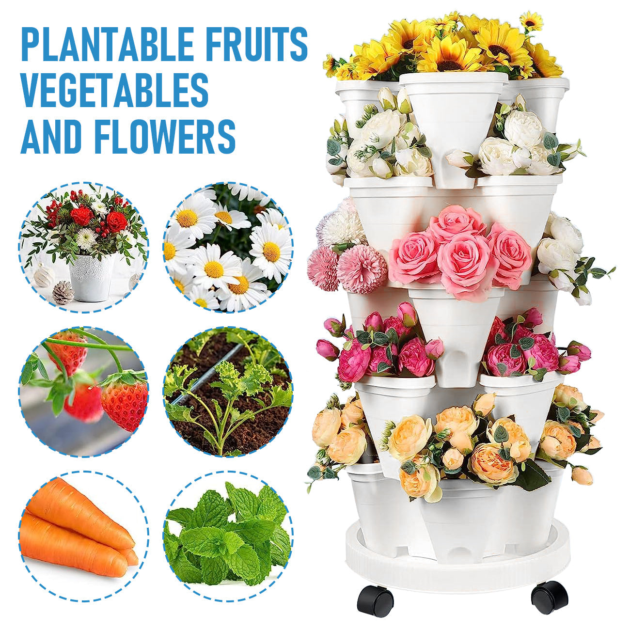Premium 5-Tier Stackable Planter Pots – White 37cm with Wheels