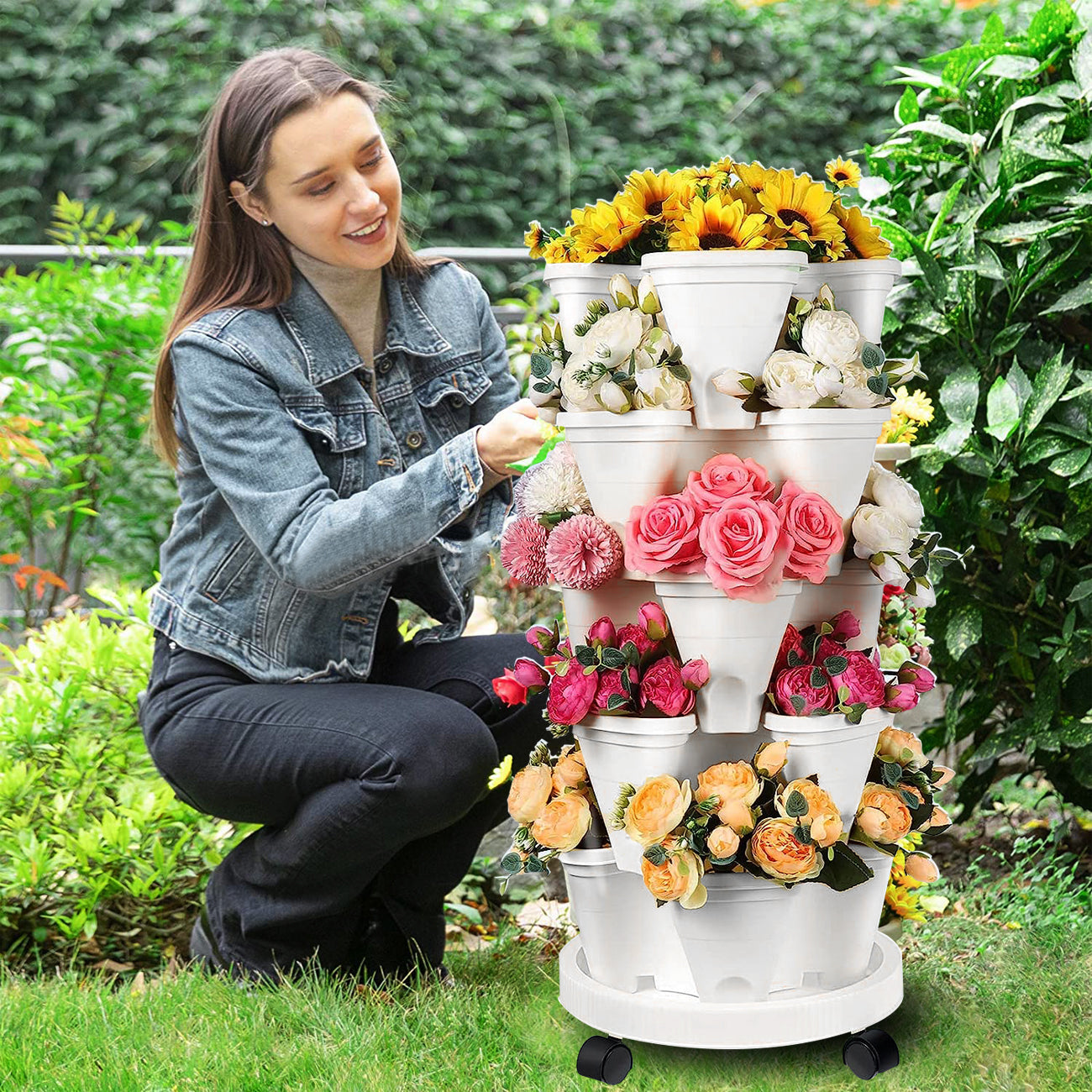 Premium 5-Tier Stackable Planter Pots – White 37cm with Wheels
