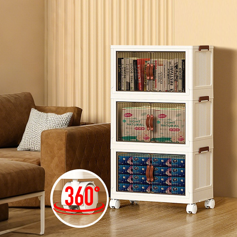 3 Bin Foldable Stackable Storage Cabinet with Clear Doors Wheels and Top Access