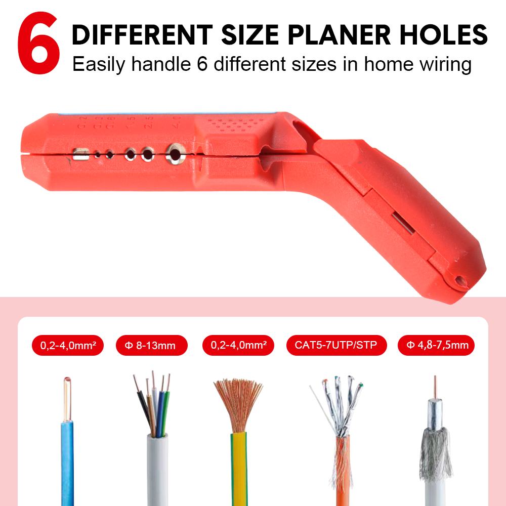 Premium Ergonomic Wire Stripper with 6 Planer Holes - Red