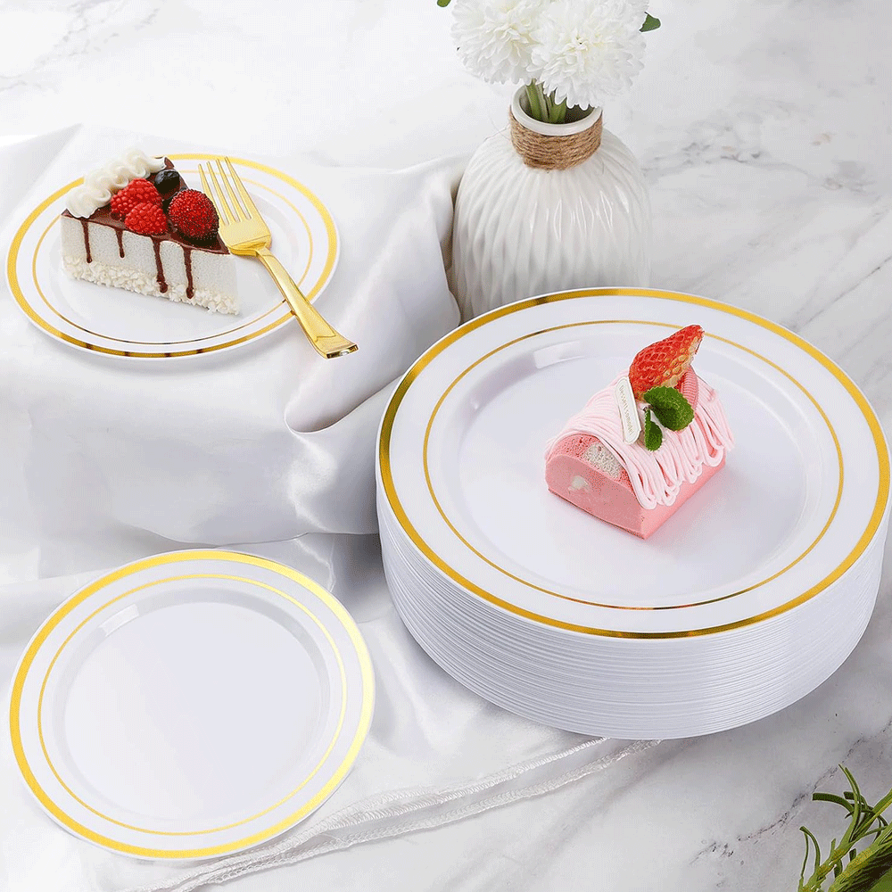 175pcs Gold Trim Disposable Wedding Tableware Set Plates Cutlery Cups Napkins