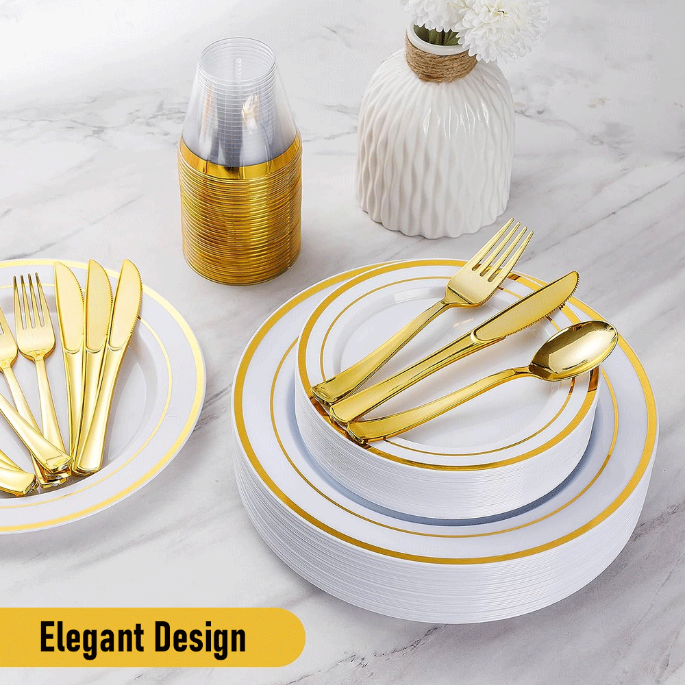 175pcs Gold Trim Disposable Wedding Tableware Set Plates Cutlery Cups Napkins