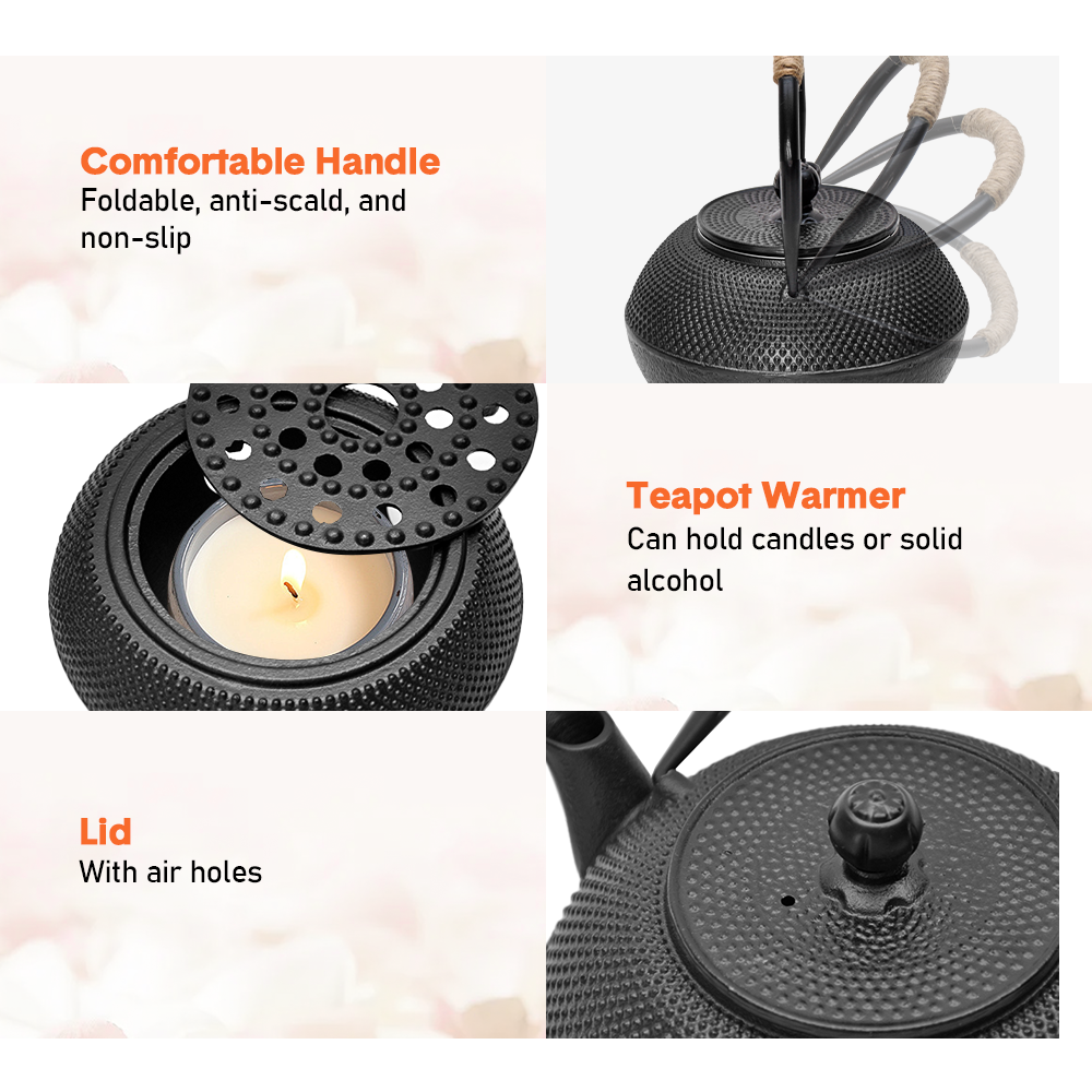 Premium Cast Iron Teapot & Warmer Set – Black 1.2L with Infuser