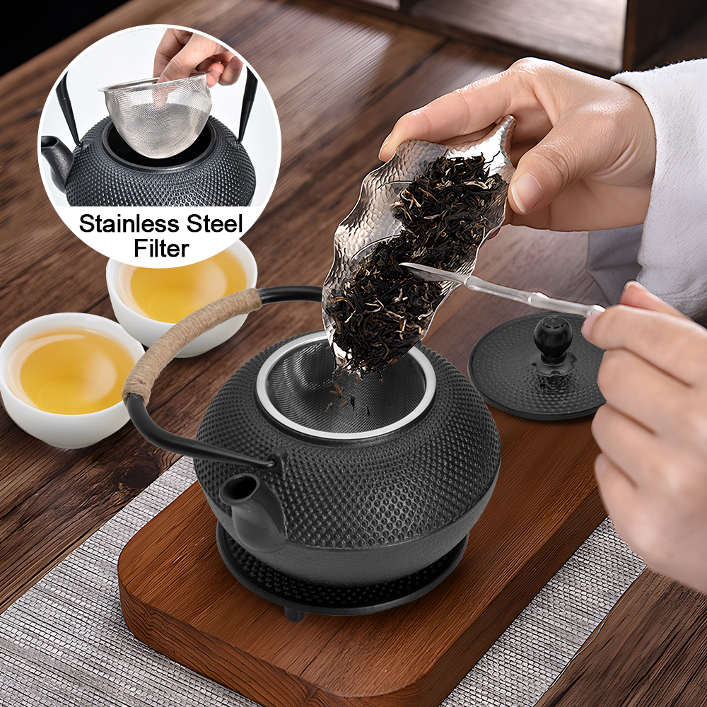 Premium Cast Iron Teapot & Warmer Set – Black 1.2L with Infuser