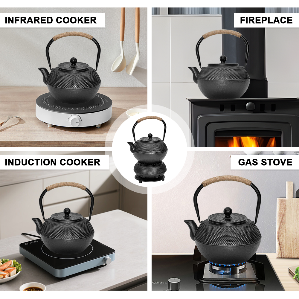 Premium Cast Iron Teapot & Warmer Set – Black 1.2L with Infuser