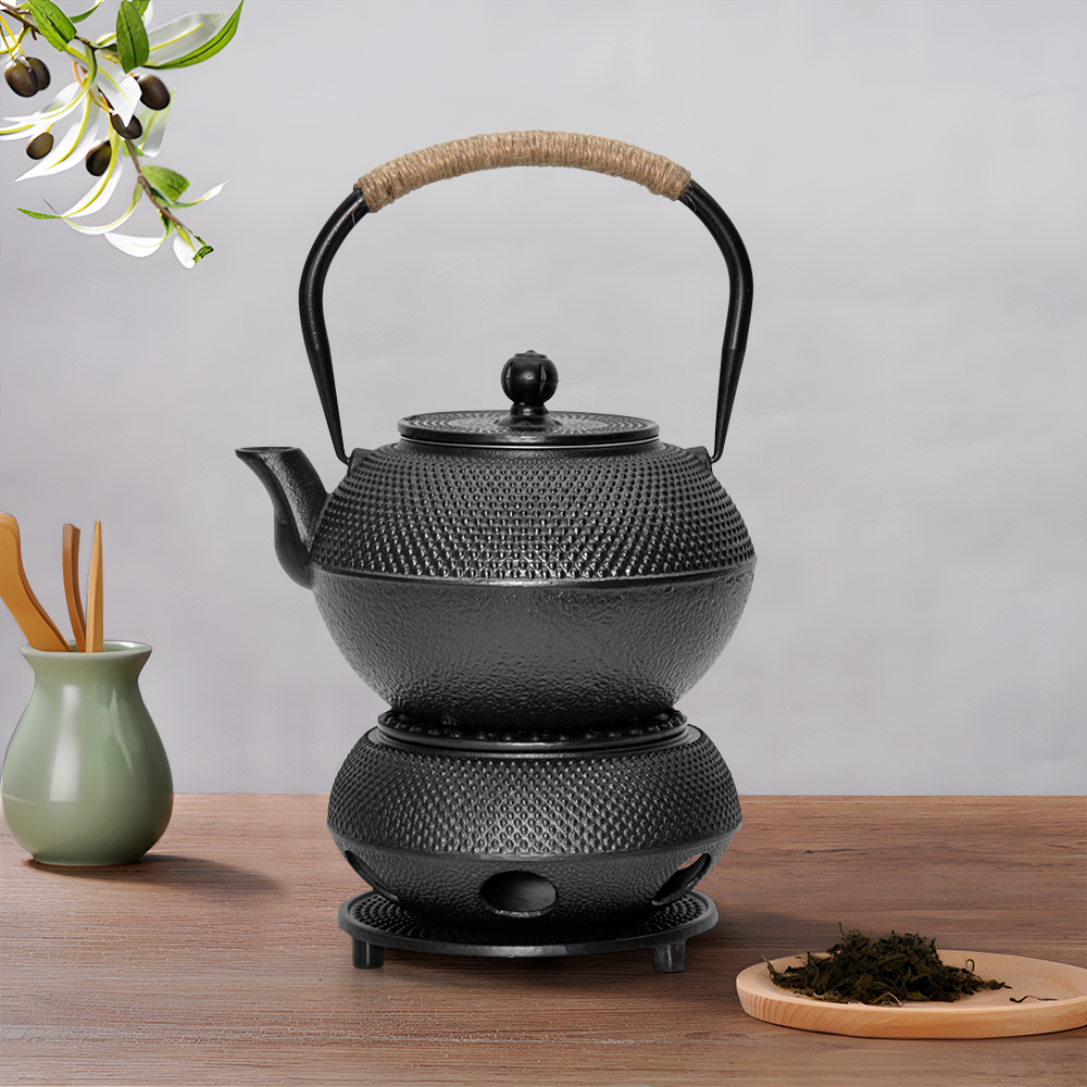 Premium Cast Iron Teapot & Warmer Set – Black 1.2L with Infuser