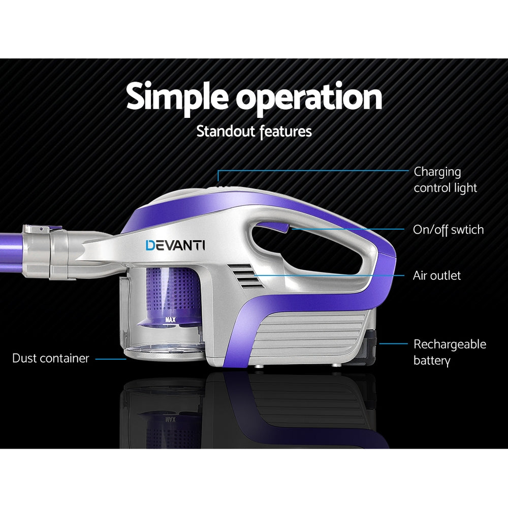 Devanti Stick Vacuum Cleaner Bagless Cordless 150W Purple - SuperSaverAU - view 4