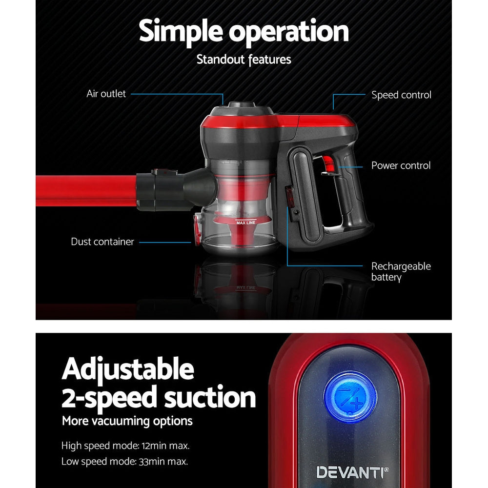 Devanti Stick Vacuum Cleaner Brushless Cordless 250W Red - SuperSaverAU - view 4