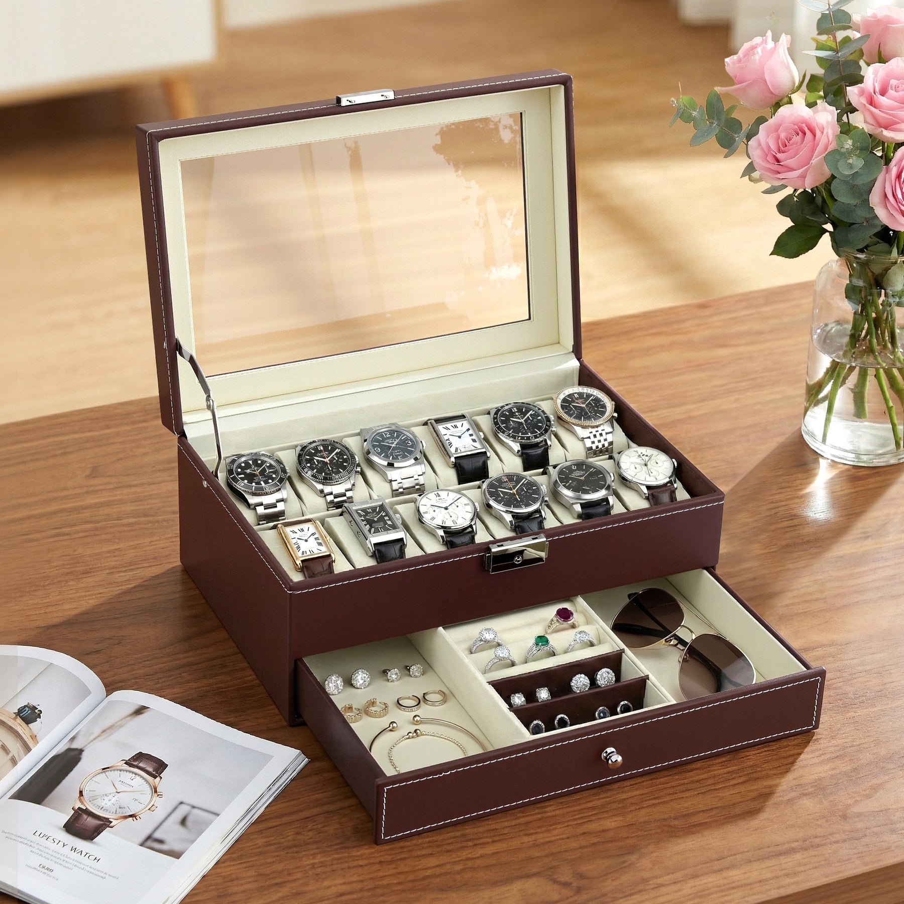 Embellir Brown 12 Slot Watch and Jewellery Organiser Box