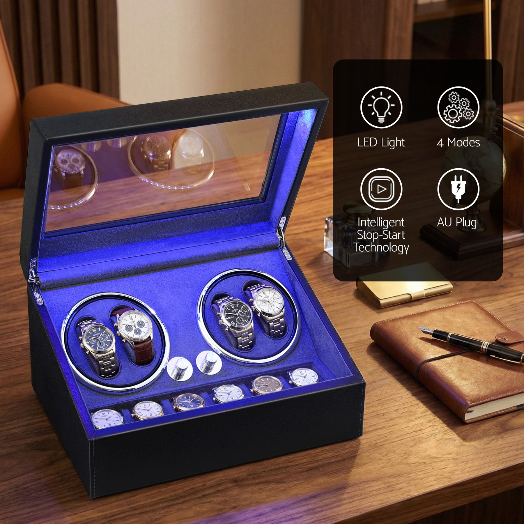 Embellir Black Double Automatic Watch Winder Box with LED