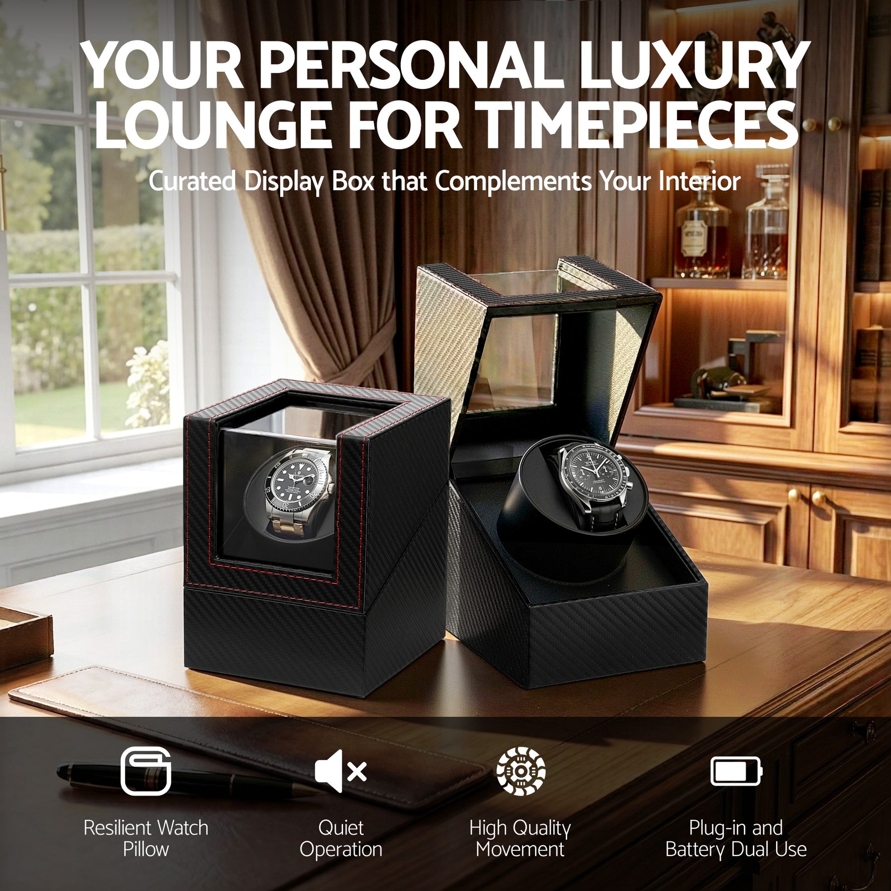 Embellir Black Single Automatic Watch Winder Box Carbon Fibre Style