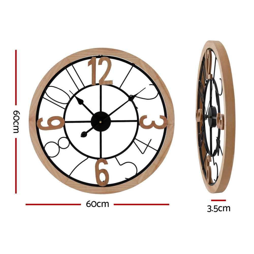Artiss Wall Clock 60CM Metal & MDF, Rust-Resistant, Easy Installation, Black & Pine - SuperSaverAU - view 2