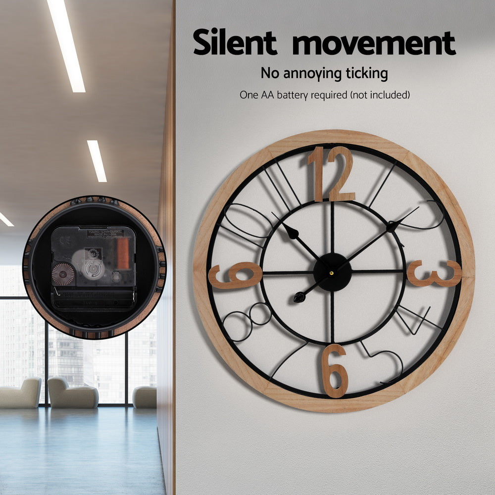 Artiss Wall Clock 60CM Metal & MDF, Rust-Resistant, Easy Installation, Black & Pine - SuperSaverAU - view 4