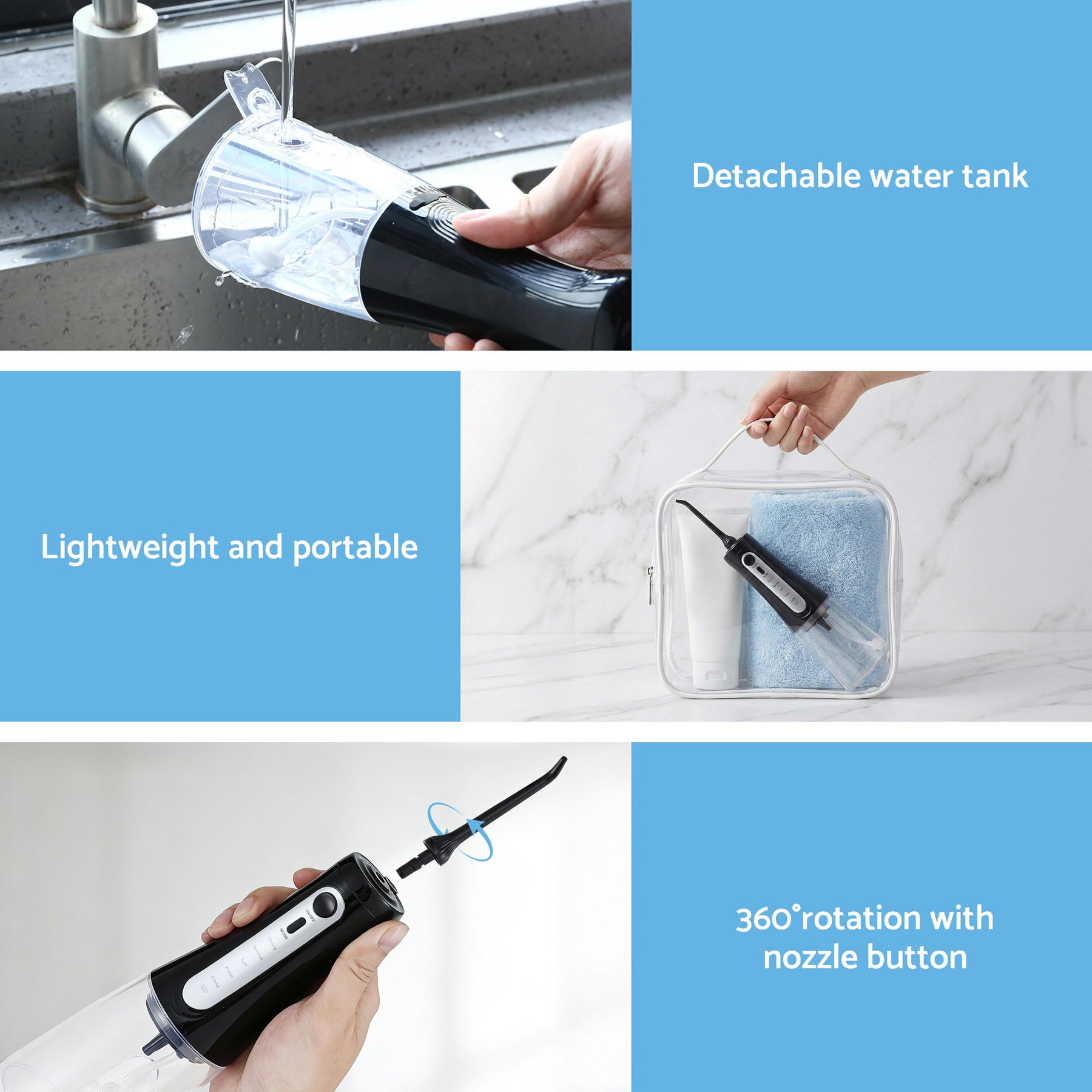 Devanti Black Cordless Water Flosser 350ml with 8 Nozzles and 5 Modes