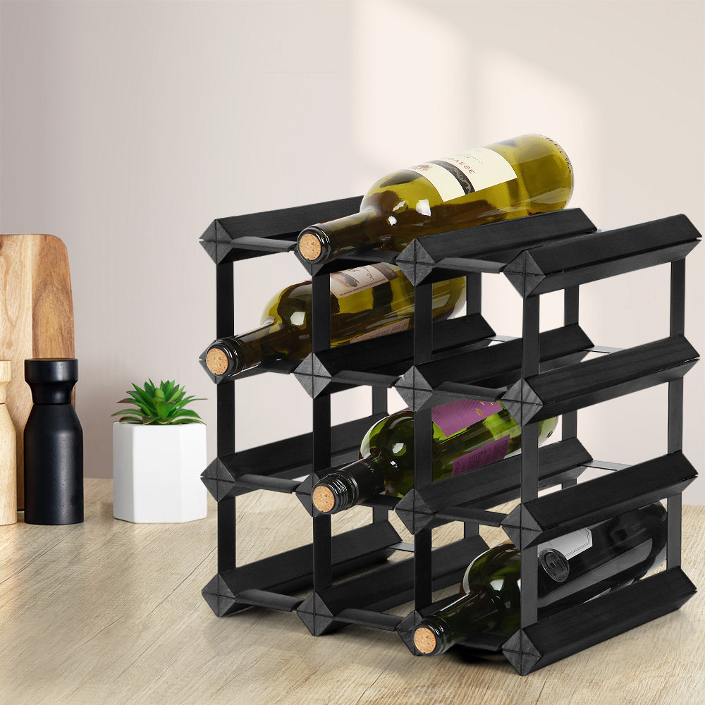 Artiss Wine Rack 12 Bottle Storage Pine Wood Black - SuperSaverAU - view 7